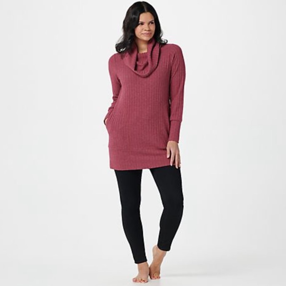 AnyBody Deep Berry Plush Wide Rib Cowl Neck Sweater Tunic Size Large